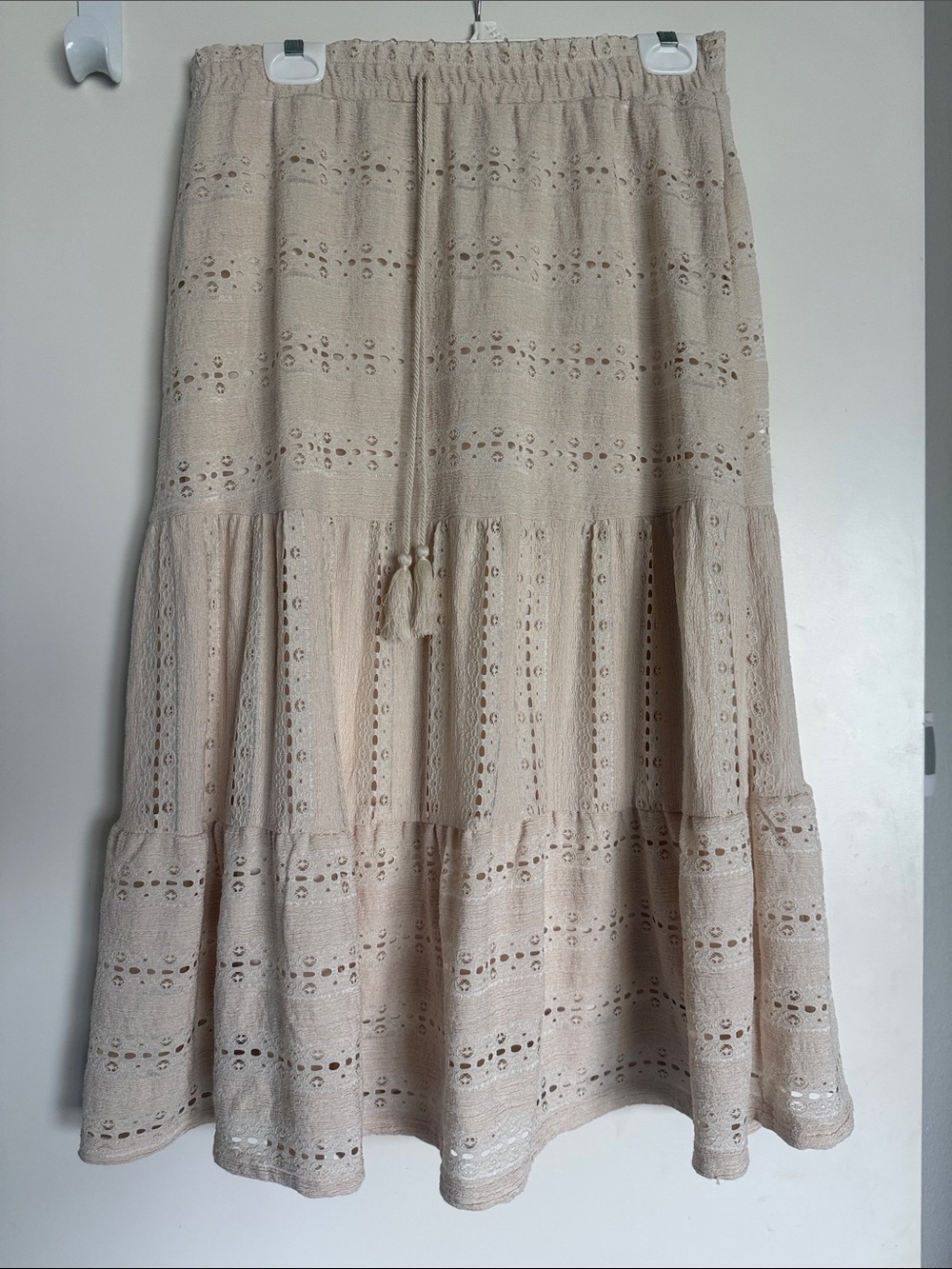 Cato Beige Eyelet Tiered Midi Skirt with Tassel Drawstring